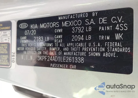 2020 Kia Forte Lxs from USA, damaged, VIN 3KPF24AD1LE261338